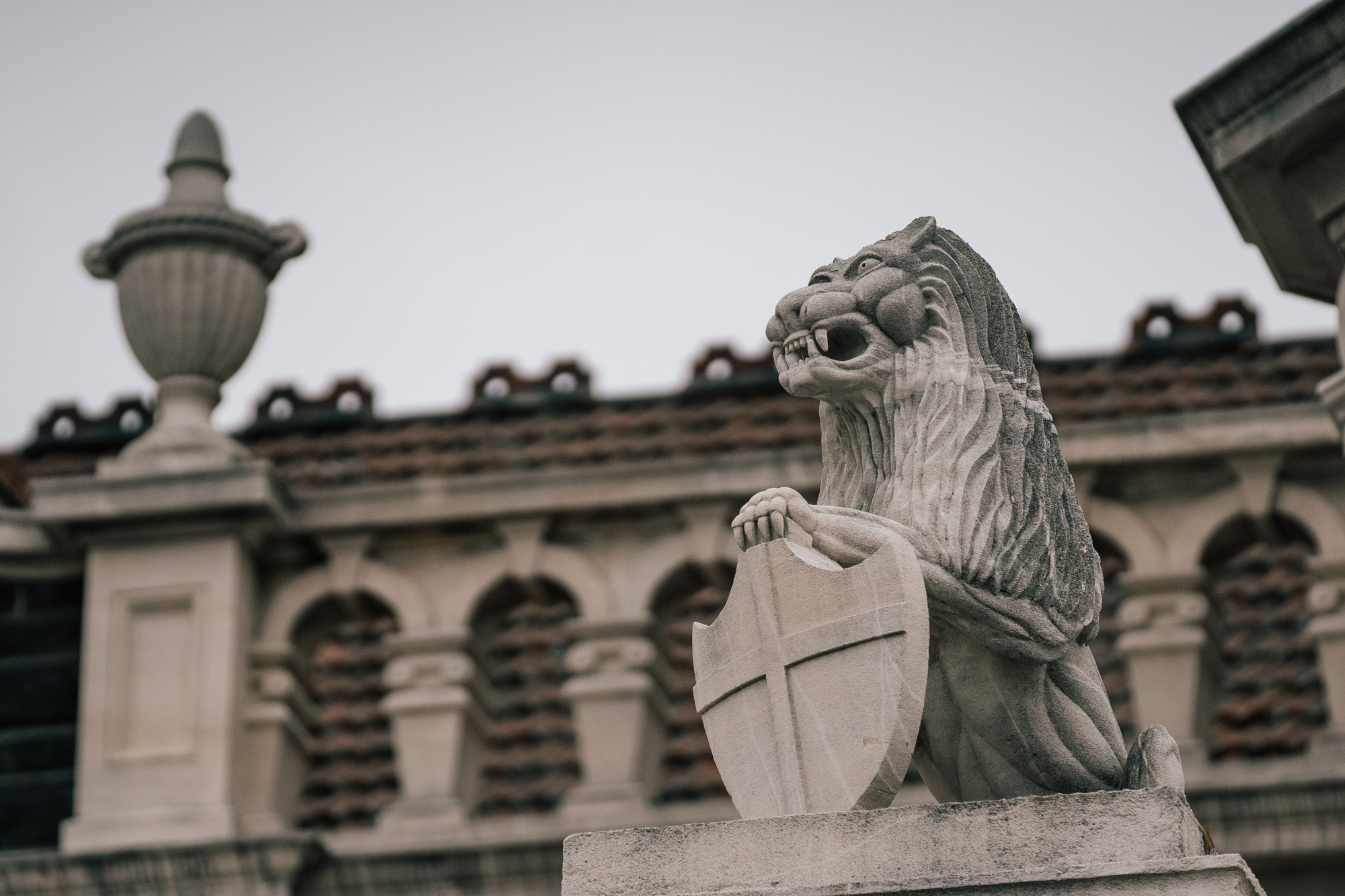 Lion and shield statue